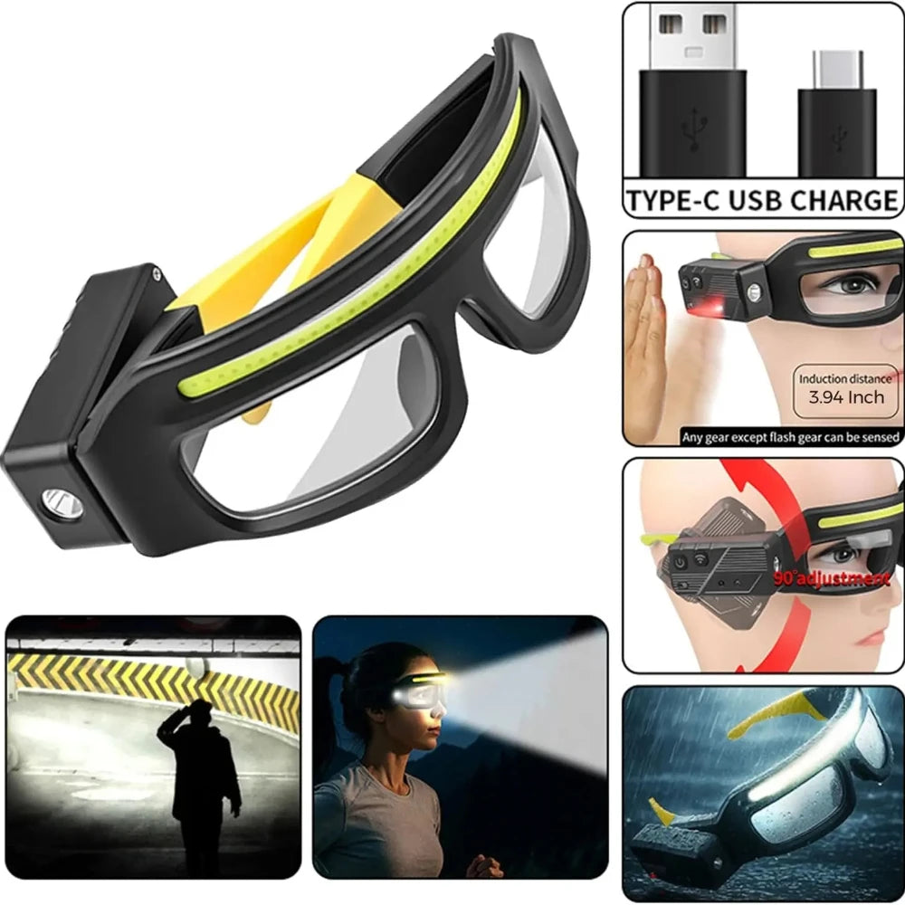 LED glasses, rechargeable headlamp glasses with motion sensors and touch controls, suitable for running, camping, fishing.