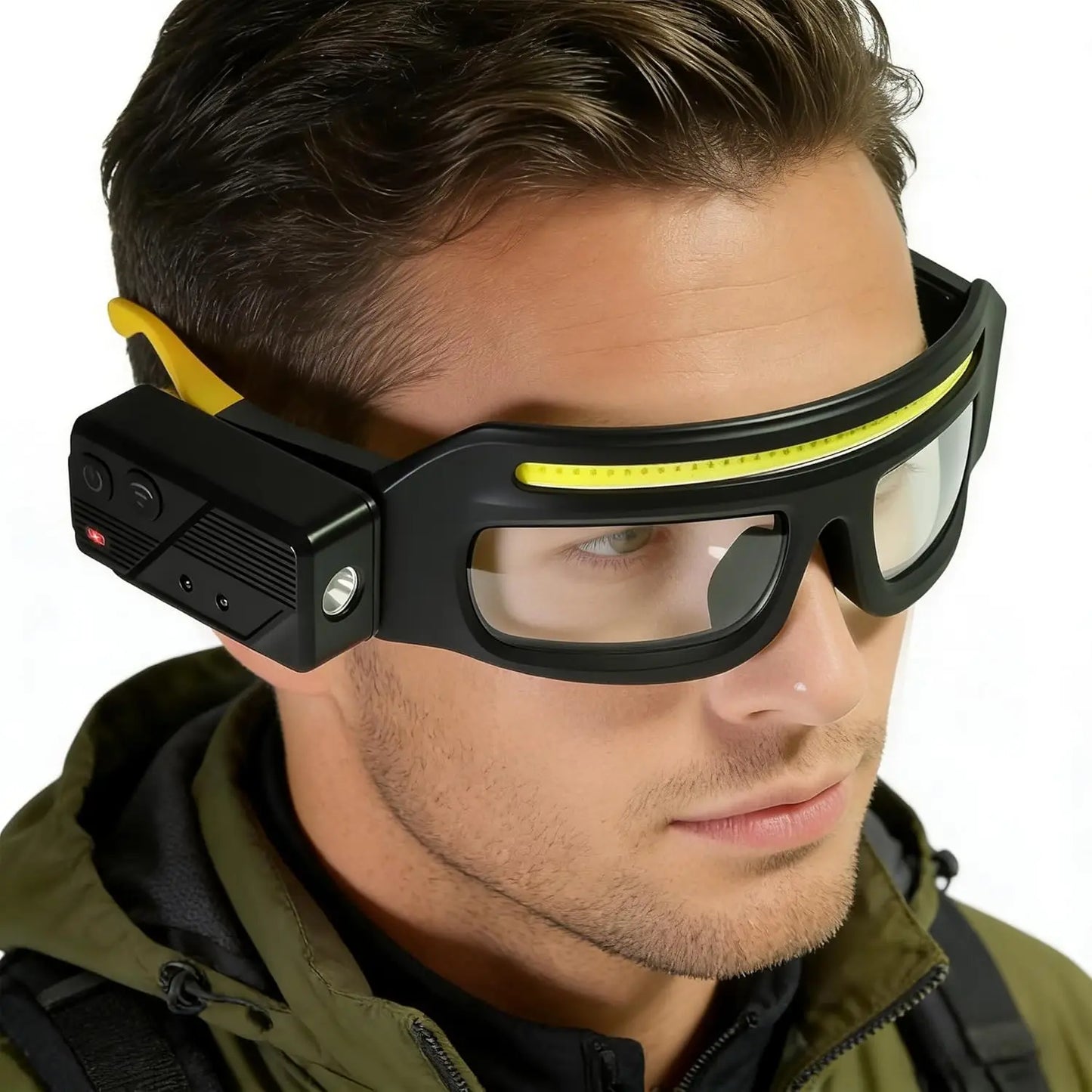 LED glasses, rechargeable headlamp glasses with motion sensors and touch controls, suitable for running, camping, fishing.