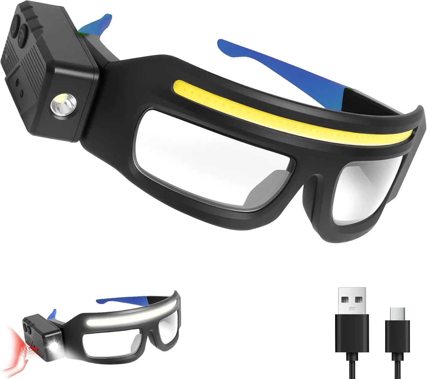 LED glasses, rechargeable headlamp glasses with motion sensors and touch controls, suitable for running, camping, fishing.