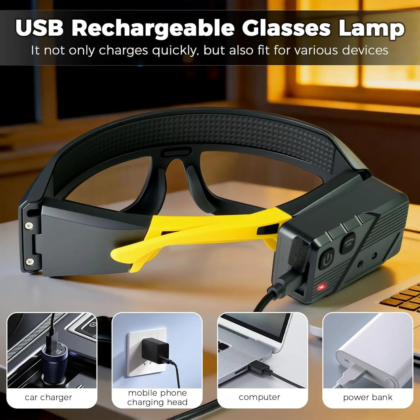 LED glasses, rechargeable headlamp glasses with motion sensors and touch controls, suitable for running, camping, fishing.