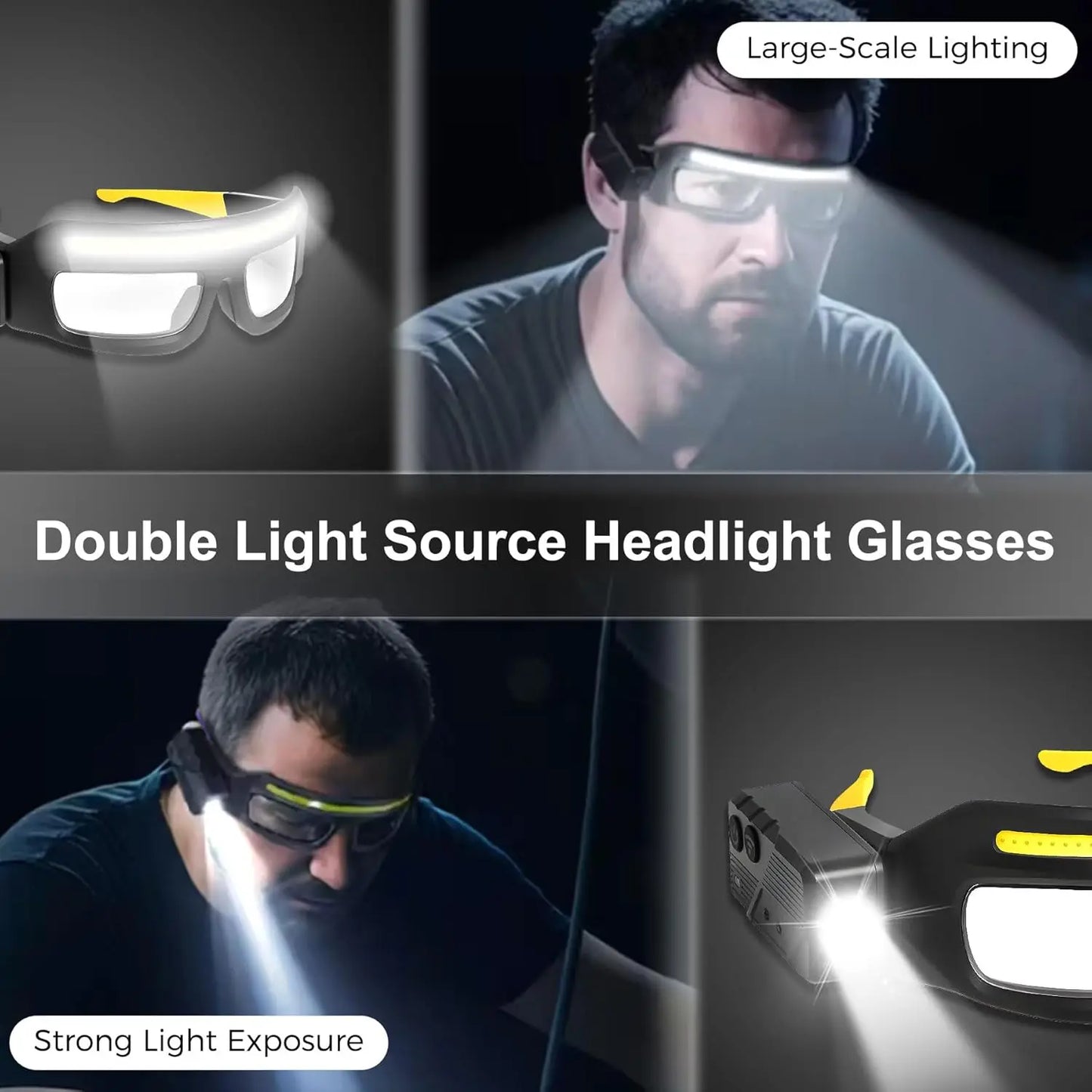 LED glasses, rechargeable headlamp glasses with motion sensors and touch controls, suitable for running, camping, fishing.