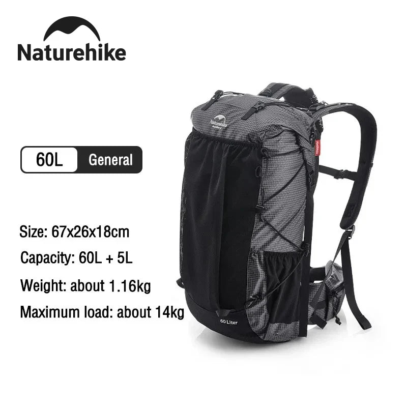Naturehike Outdoor Mountain Backpack 60+5L Waterproof High Capacity Sports Climbing Hiking Travel Bag With Rain Cover