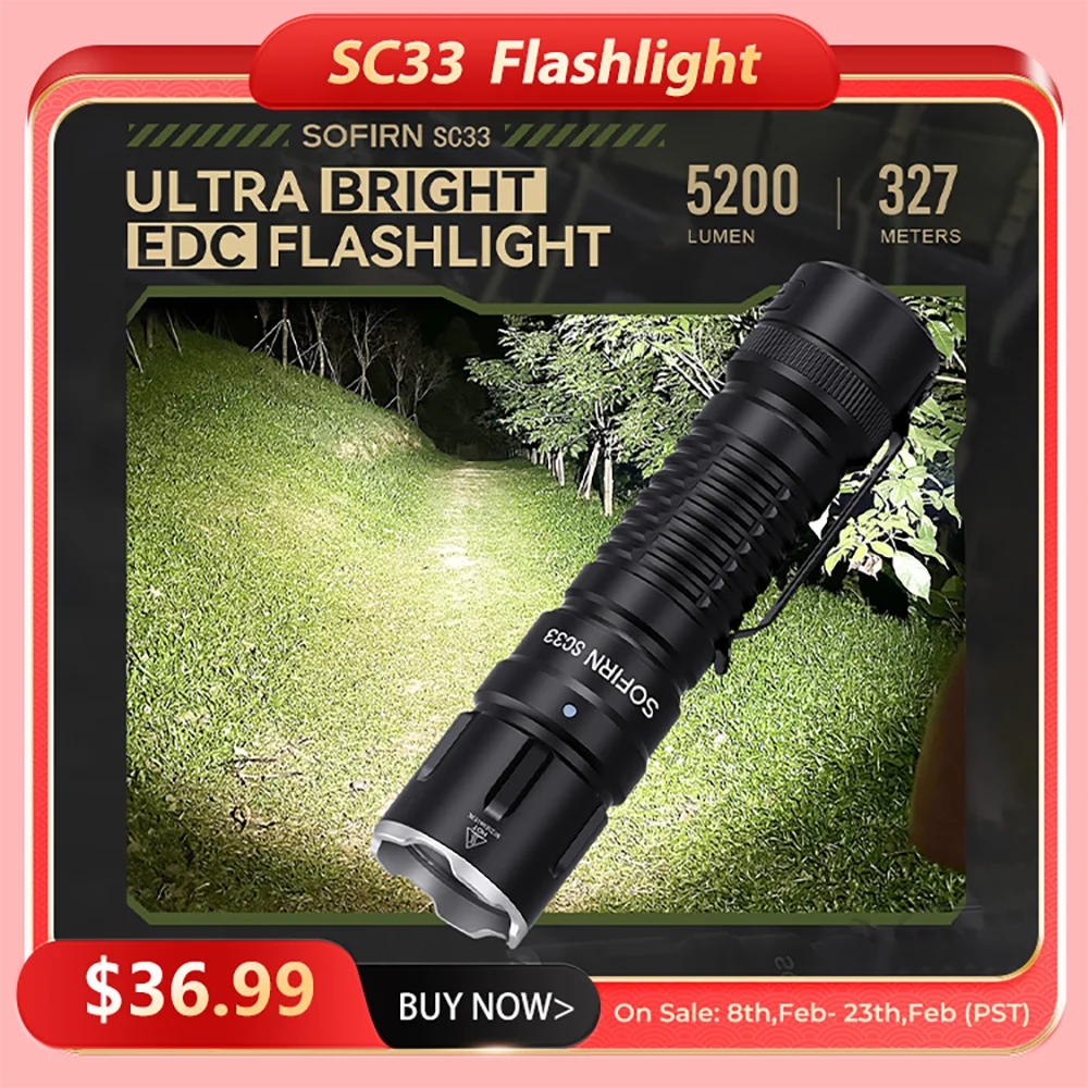 Sofirn SC33 XHP70.3 HI LED Flashlight Tactical 5200lm Powerful 21700 USB C Rechargeable Torch with Tail E-switch Outdoor Light