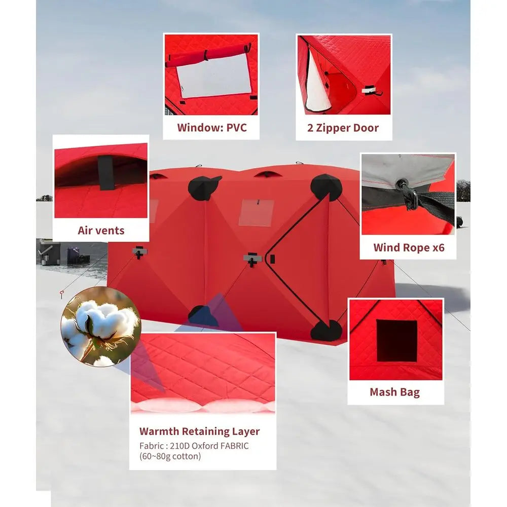Portable Insulated Ice Fishing Tent - Windproof & Warm, 6-8 Person, Red, 6x11.7x6.6 ft